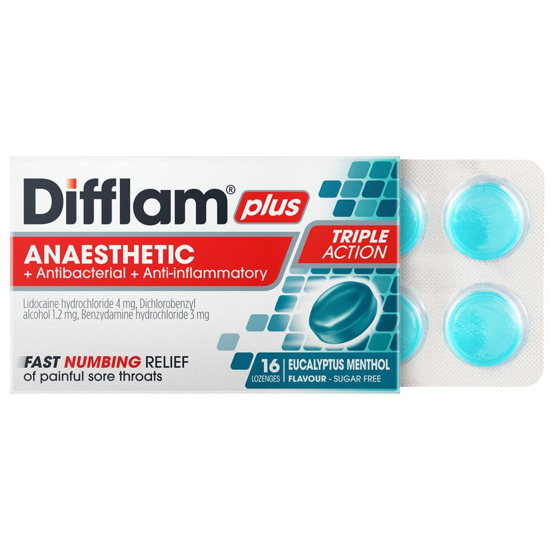 Difflam Plus Anaesthetic + Antibacterial + Anti-Inflammatory Sore Throat Triple Action Eucalyptus & Menthol Lozenges 16s