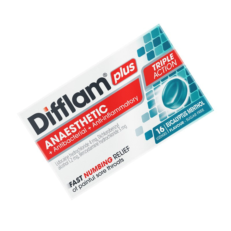 Difflam Plus Anaesthetic + Antibacterial + Anti-Inflammatory Sore Throat Triple Action Eucalyptus & Menthol Lozenges 16s