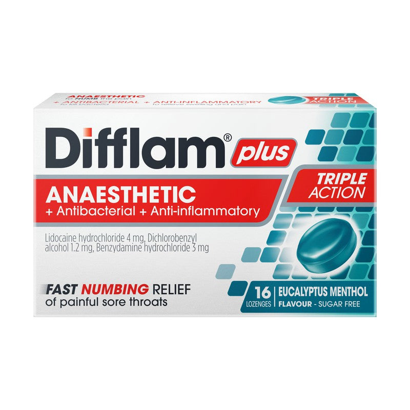 Difflam Plus Anaesthetic + Antibacterial + Anti-Inflammatory Sore Throat Triple Action Eucalyptus & Menthol Lozenges 16s