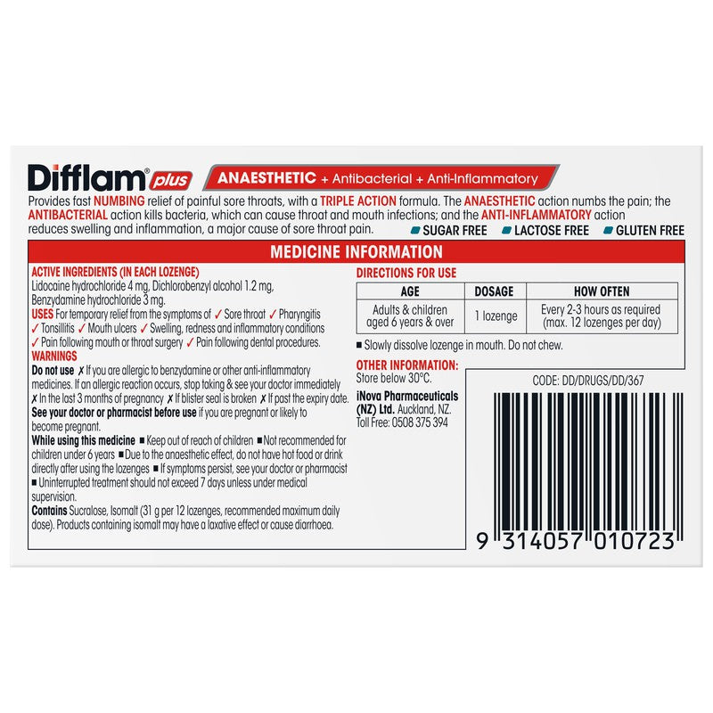 Difflam Plus Anaesthetic + Antibacterial + Anti-Inflammatory Sore Throat Triple Action Eucalyptus & Menthol Lozenges 16s