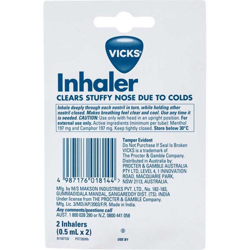 VICKS Nasal Decongestant Vicks Inhaler 2x 0.5ml, Ear, Nose & Throat Care